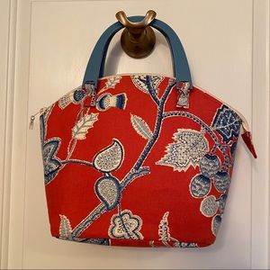 CHARLOTTE HORNER BAG SATCHEL RED BLUE FABRIC USA ARTISAN 2 HANDLE ZIP TOP